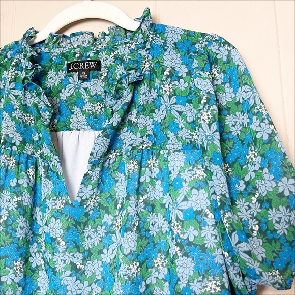 J. Crew Ruffle Trim Short Sleeve Top Hyacinth Fields XS blue floral blouse flowy - Picture 4 of 12